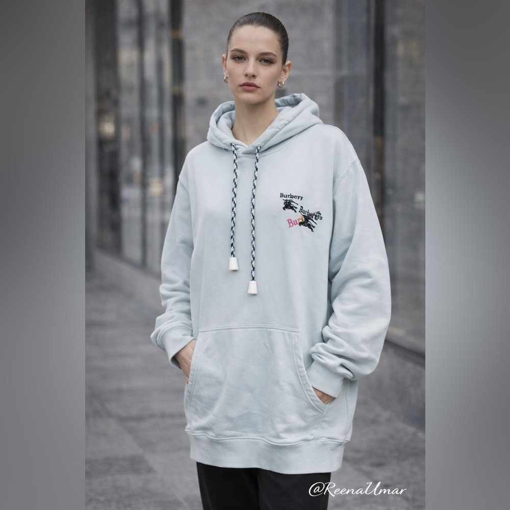 Burberry Equestrian Logo Hoodie – Pale Blue | Size Large